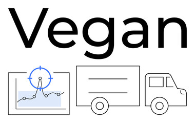 Logistics truck, data chart with target marker under Vegan text. Ideal for sustainability, vegan supply chain, plant-based delivery, eco-friendly business, analytics, tech, abstract line flat