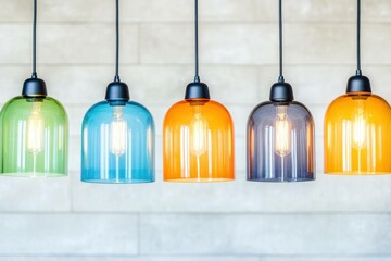 Colorful pendant lights in a modern interior space, showcasing green, blue, orange, and purple hues for a vibrant ambiance and stylish decor