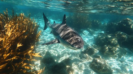 Fototapeta premium Shark in Coral Reef Underwater Scene