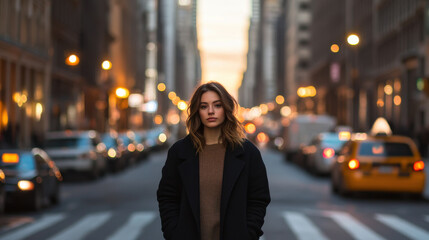young woman stands confidently in bustling city street at sunset, surrounded by vibrant lights and traffic.