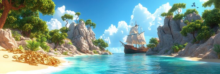 Treasure galleon at a secluded tropical cove with golden coins on the beach.