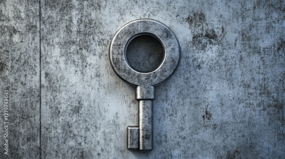 Poster close-up view of a large metallic keyhole embedded in a textured concrete wall, symbolizing security