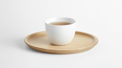 Minimalist White Cup with Tea on Wooden Tray with Soft Background