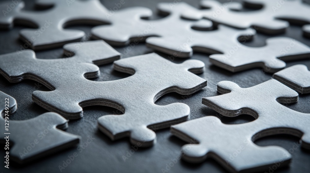 Poster close-up of scattered gray puzzle pieces on a dark surface, symbolizing problem-solving and strategy