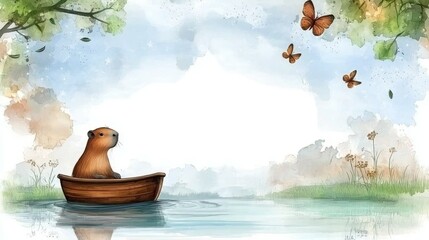 Capybara chilling concept. A beaver in a wooden boat on a calm lake surrounded by butterflies and greenery.