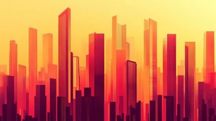 Obraz premium Abstract city skyline with vibrant orange and yellow sunset hues