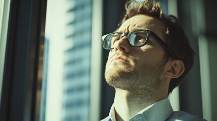 Overworked professional gazing out of office window with fatigue written on his face