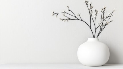 Simple white vase with dried branches against a clean wall. Suitable for home decor