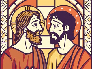 A vector illustration in simple flat color line style of whimsical Jesus birth in the manger