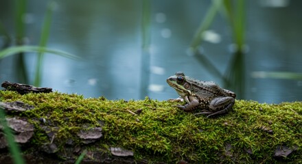 Emerald Amphibian: A Bullfrog Resting on a Moss-Covered Log by the Water