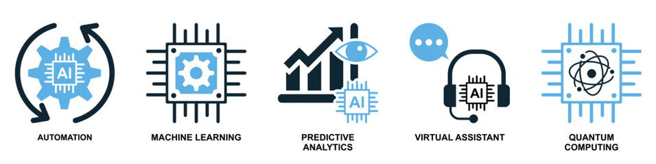 AI set icon vector featuring multiple related icons. Perfect for artificial intelligence, machine learning, and tech