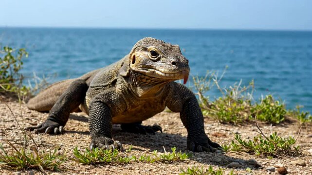 Komodo Dragon close-up shot, slow dolly movement, revealing textured scales