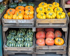 Colorful pumpkins & squash in wooden crates at market