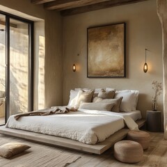 Sunlit minimalist bedroom with platform bed, linen bedding, and natural textures.