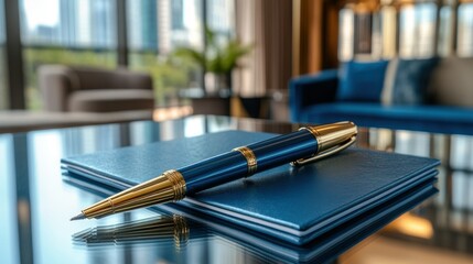Luxury pen atop blue notebook, modern office, signing