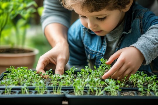 Professional photo of a child and an adult together planting microgreen seeds in trays, conveying educational value and family bonding through gardening