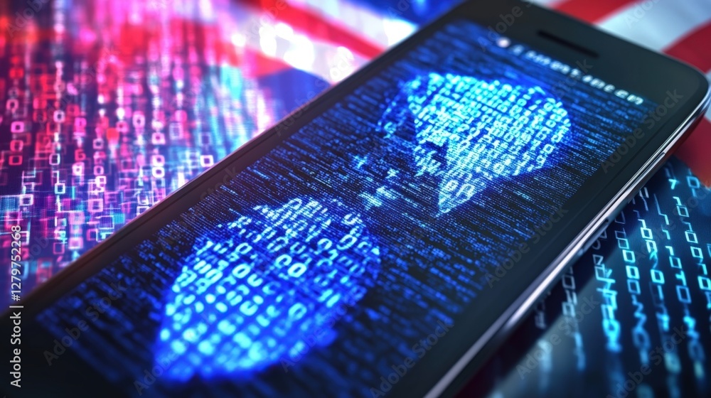 Poster binary code creating a world map on a smartphone screen highlights global connectivity and cyber sec