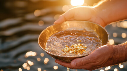 Hands holding gold pan with shimmering water and gold flakes