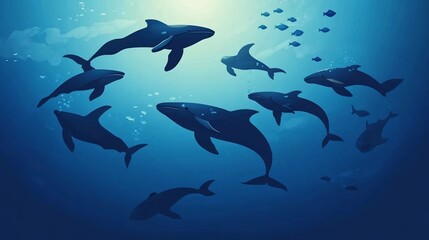 A group of whales swims peacefully in the deep blue sea with small fish around them