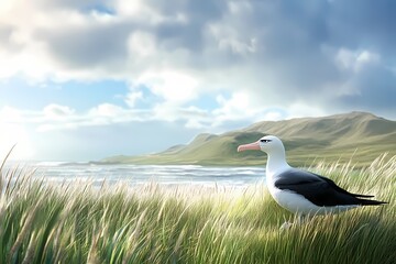 Fototapeta premium Albatross in a Grassy Plains Landscape