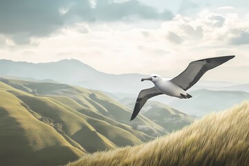 Fototapeta premium Albatross soaring over rolling hills landscape
