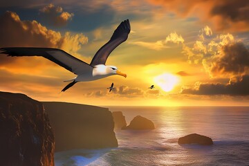 Albatross Flying Over a Sunset Beach Landscape