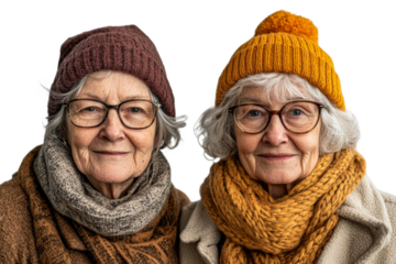 Two elderly women smiling warmly in winter attire