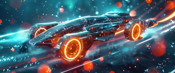 Obraz premium A glowing futuristic chassis of a supersonic aircraft in a sci-fi world with vibrant particle effects around its components.
