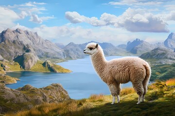 Fototapeta premium Alpaca on an Island in a Beautiful Archipelago Landscape