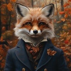 A fox in autumn attire, wearing glasses and a dark jacket.