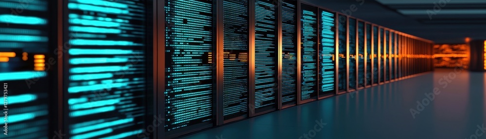 Aufkleber a modern data center featuring rows of servers illuminated by blue and orange lights, emphasizing te