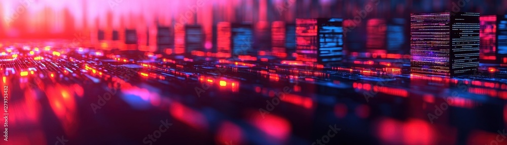 Poster a vibrant digital landscape featuring glowing data streams and code fragments, representing technolo