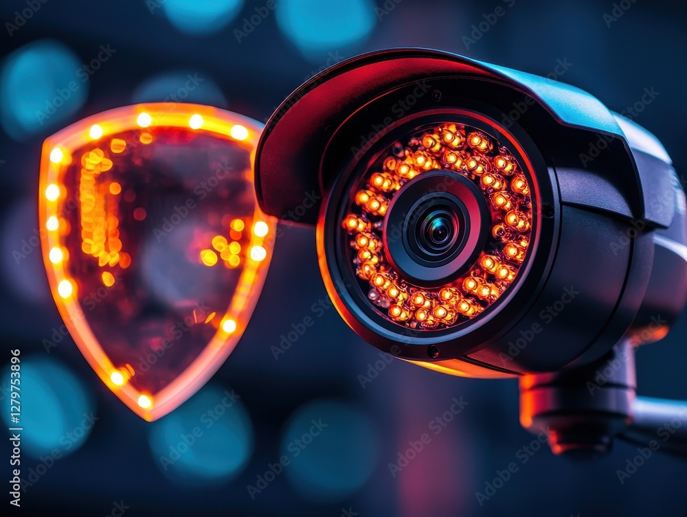 Poster a close-up of a security camera with illuminated leds, alongside a shield symbol, representing surve