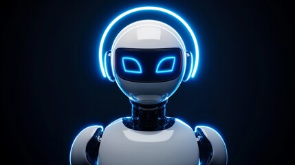Futuristic robot with glowing headphones. AI, technology, and innovation concept.