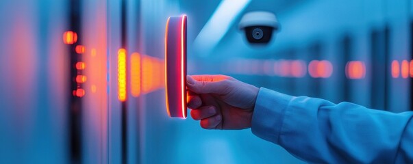A hand using a digital access control system, illuminated by vibrant red lights, against a blue background, emphasizing technology and security.