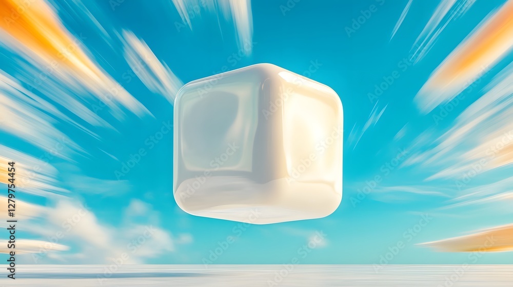 Aufkleber Floating Ice Cube with Vibrant Sky Background and Motion Blur Effect