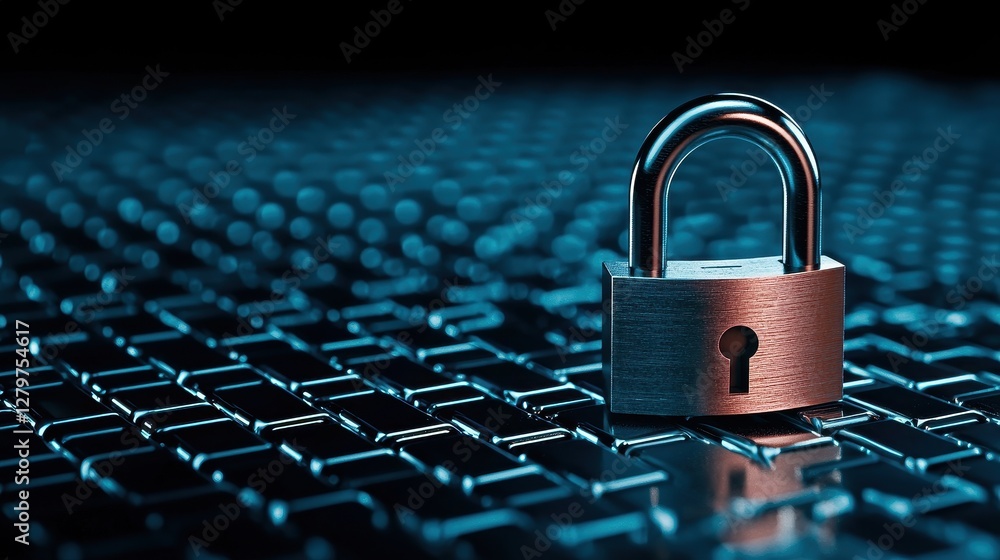 Aufkleber a metallic padlock sits on a textured surface, illuminated in blue, symbolizing security and protect