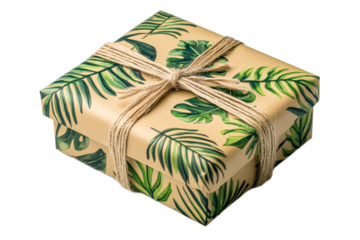 Stylish gift wrapped in tropical leaf design