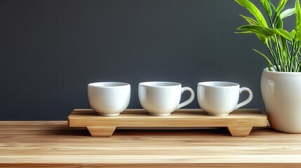 Elegant White Coffee Cups on Wooden Tray with Green Plant Accent