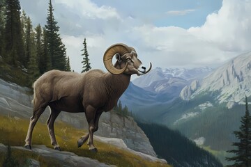 Obraz premium Bighorn Sheep on a Green Hill Landscape