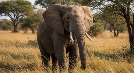 Obraz premium African Elephant Standing Tall in Golden Savanna Habitat Tanzania Africa