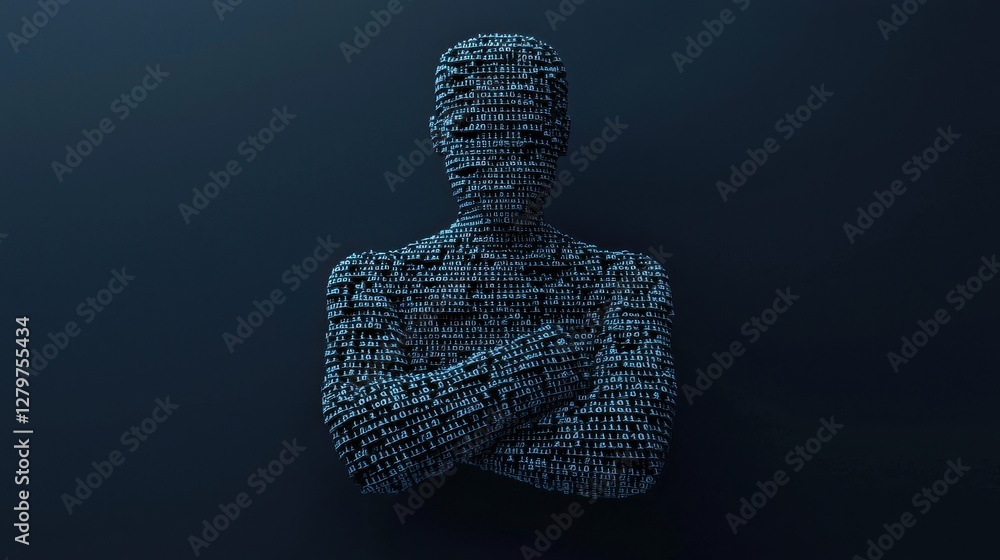 Aufkleber a digital figure made of interconnected data points stands with arms crossed against a dark backgrou