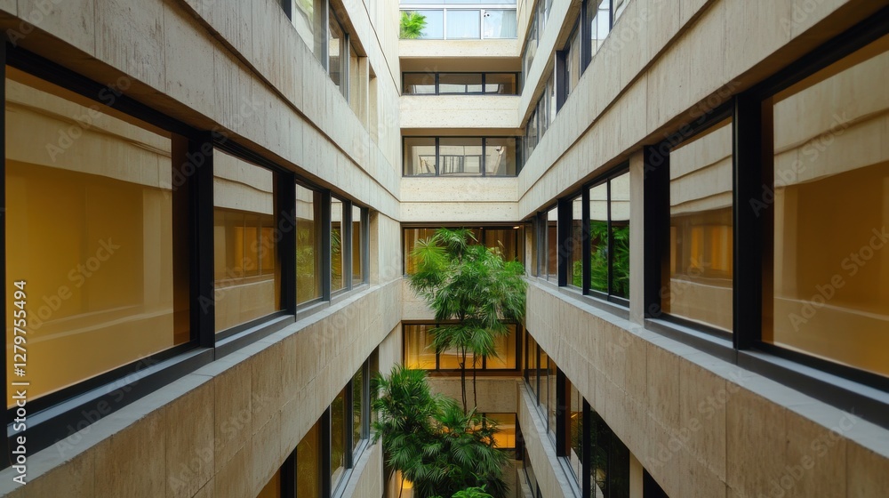 Aufkleber a large building with a long hallway and many windows