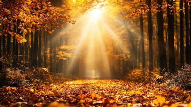 Autumn forest with golden leaves covering the ground, warm sunlight, and room for text overlay.