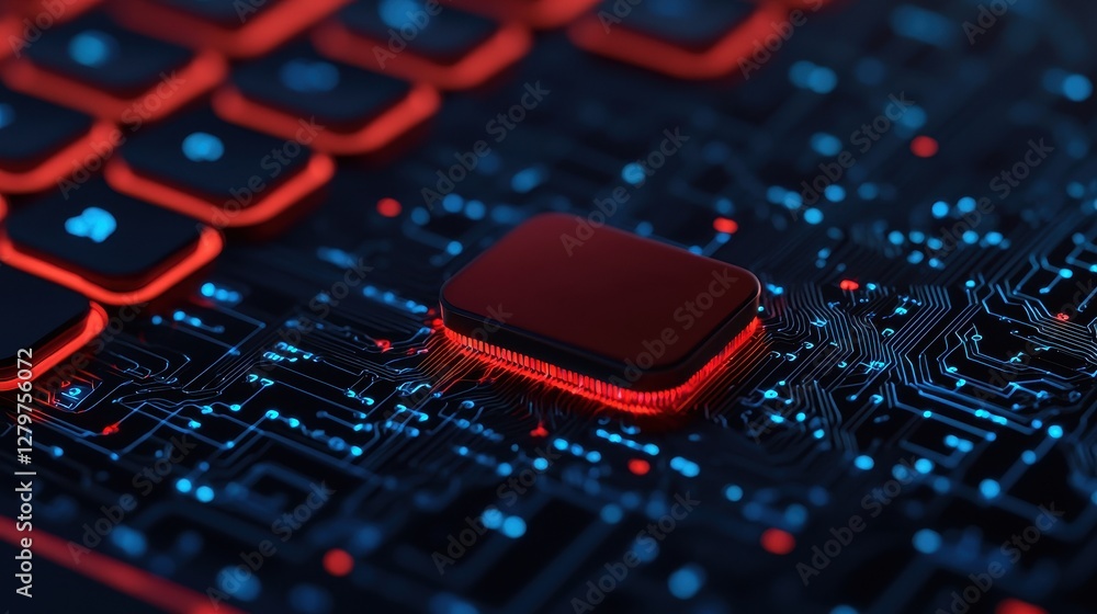 Poster a close-up of a red cpu on a dark circuit board, showcasing intricate details and glowing elements, 