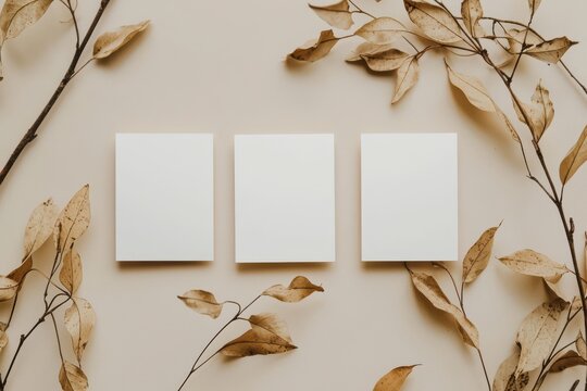 Blank business cards on a beige background decorated with dried leaves. Mockup for design showcasing three cards in an autumn theme