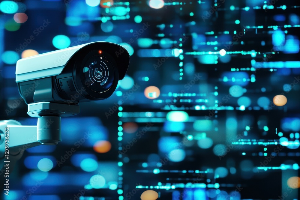 Aufkleber a high-tech surveillance camera against a backdrop of blue digital data, emphasizing security and te