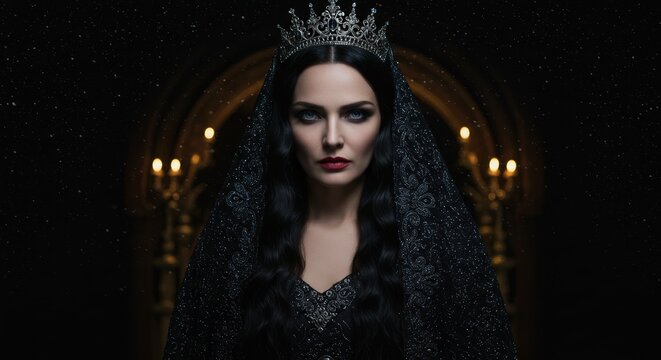 Mysterious queen with a crown, dark allure and captivating gaze, dark veil