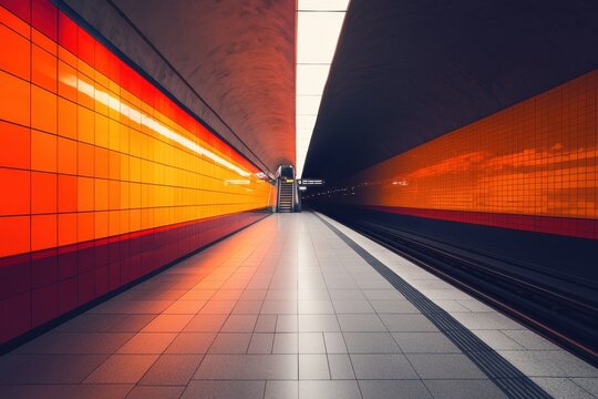 Vibrant subway platform with bright orange and red walls and empty tracks on a clean tiled floor in a modern urban setting - Powered by Adobe