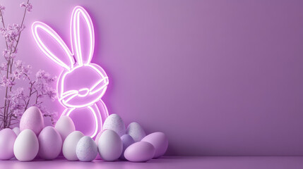 Fototapeta premium Lilac gradient background, glowing LED Easter Bunny neon sign above ceramic eggs, copy space below for slogans